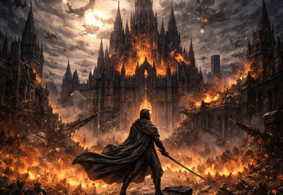 Epic gothic soundtrack cover titled “Action–Epic Orchestra” featuring a cloaked warrior overlooking a burning cathedral city under a dark dramatic sky.