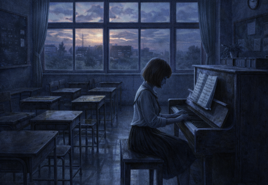 Melancholic piano soundtrack cover titled “My Classroom” featuring a student playing piano in an empty classroom at blue twilight with soft evening light through the windows.
