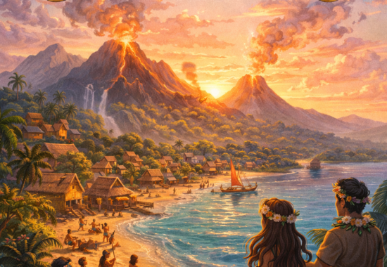 Animated orchestral soundtrack cover titled “Welcome To Lauu Nui Village” featuring a tropical island village with volcano, ocean bay, and villagers celebrating at sunset.
