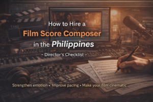 How to Hire a Film Score Composer in the Philippines — Director’s Checklist” with a studio desk, clapperboard, keyboard, and sheet music.