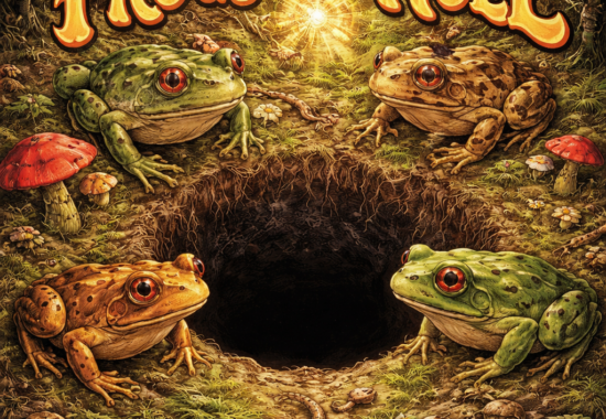 Vintage psychedelic album cover titled “Frogs and Hole” featuring four detailed frogs surrounding a dark hole in a forest with mushrooms, flowers, and glowing light above.