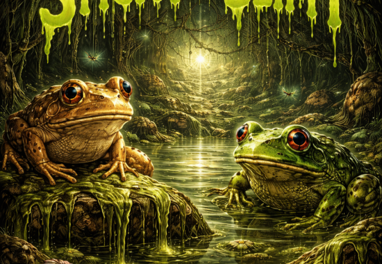 Sticky and Slimy soundtrack cover featuring two detailed frogs in a glowing swamp surrounded by dripping green slime and cinematic lighting.