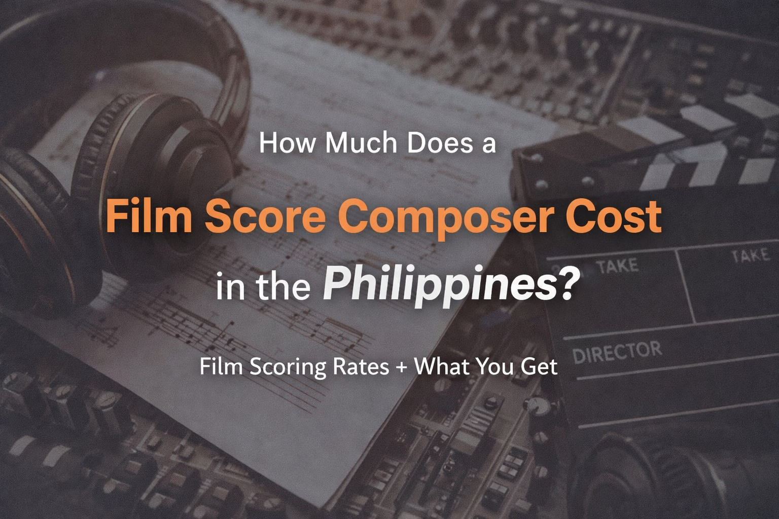 Film Score Composer Cost in the Philippines” with headphones, sheet music, and a clapperboard.