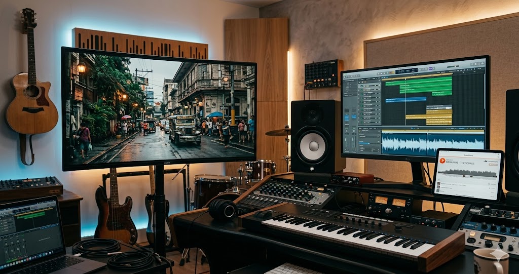 A cinematic composer's desk in a Philippine studio, featuring a score, acoustic instruments, and a soundscape waveform.