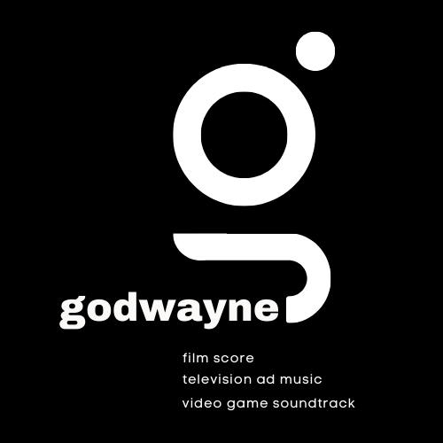 Godwayne logo in black and white with a minimalist “g” mark and the text “godwayne” plus “film score, television ad music, video game soundtrack.”